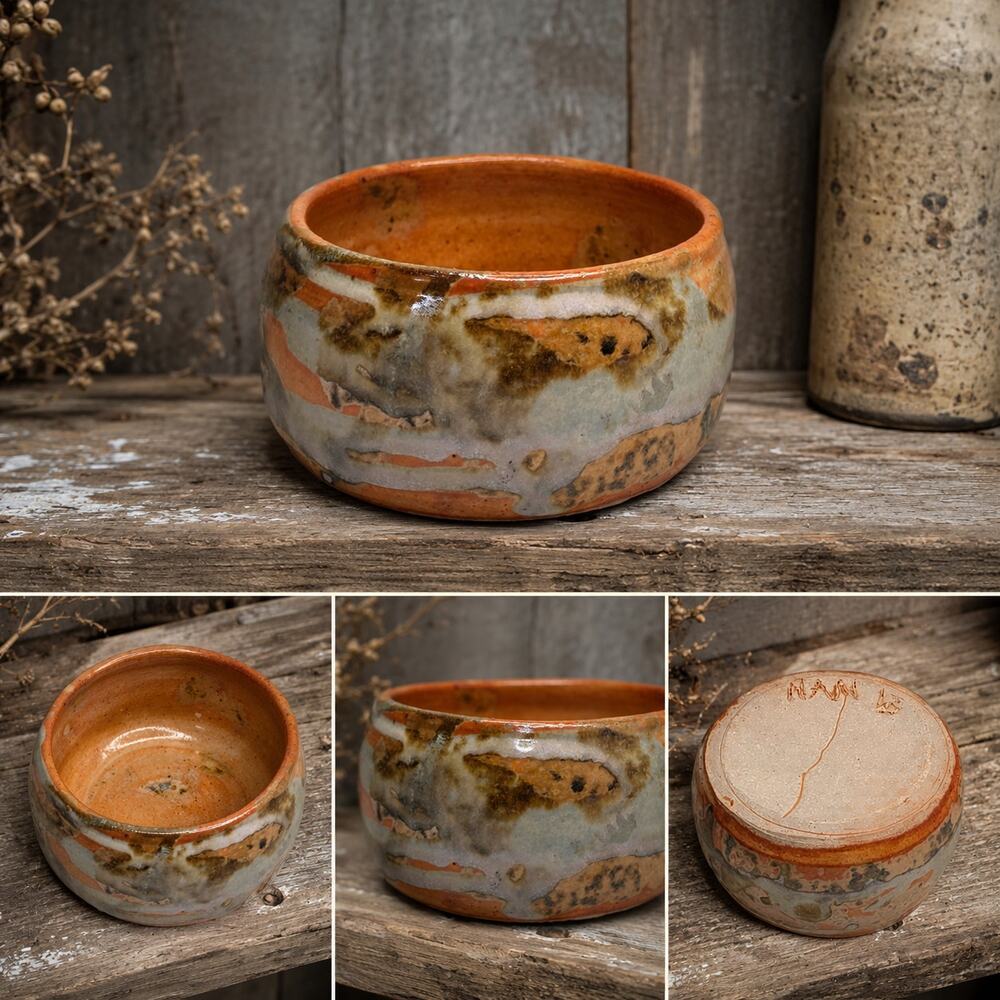Signed NAN 15 Handmade Studio Pottery Bowl Orange Abstract Drip Glaze